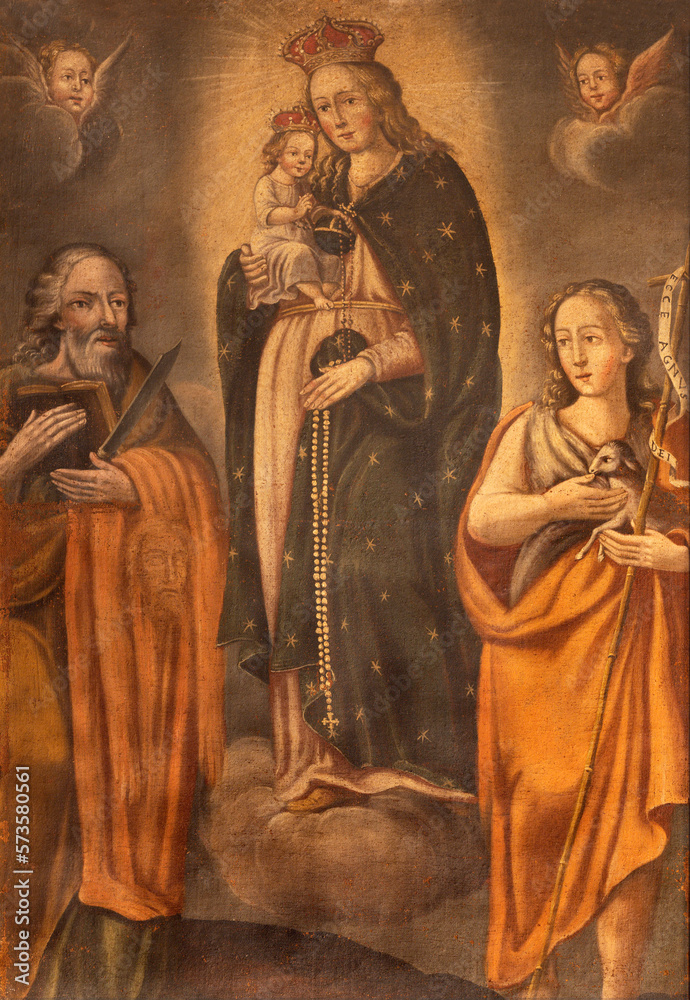 ALAGNA, ITALY - JULY 16, 2022: The painting of Madonna with the St. Bartholomew and St. John the Baptist in the church San Giovanni Battista by unknown artist.