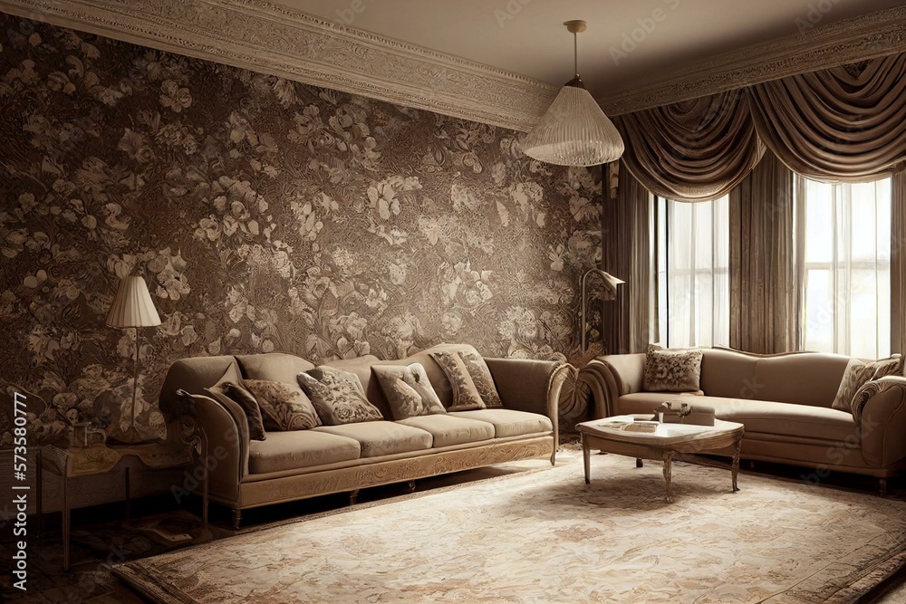 This traditional living room wallpaper has a Chesterfield couch and is a perfect example of an