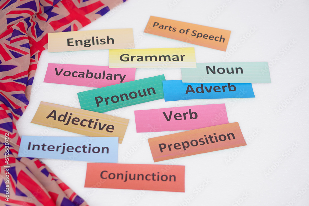 Word cards with text for teaching. Concept, English grammar teaching by