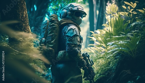 Soldier in alien planet jungle. Armed guy in the wild and soldier in the jungle of an extraterrestrial world. Generative Ai.