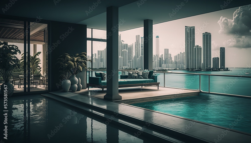 Fototapeta premium Stunning luxury rooftop terrace with a pool and a view of Miami. Generative Ai.