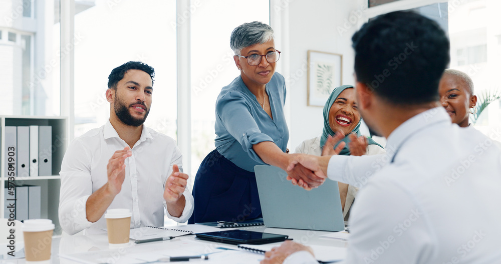 B2B, thank you and handshake business people applause for welcome, partnership or hiring contract on success deal. Trust, support and collaboration worker shaking hands at end of business meeting. B2B, thank you and handshake business people applause for welcome, partnership or hiring contract on success deal. Trust, support and collaboration worker shaking hands at end of business meeting.