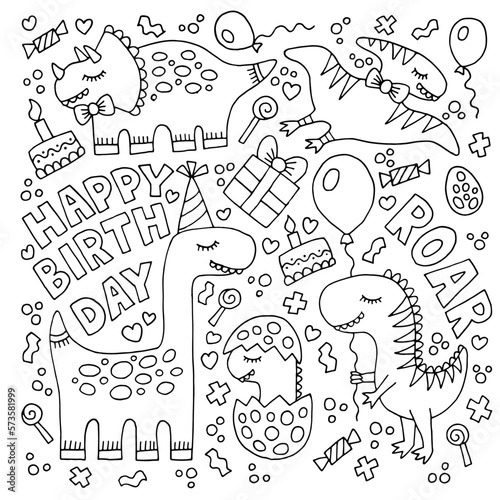 Happy birthday card with dinosaurs. Black and white illustration for coloring book. Vector art