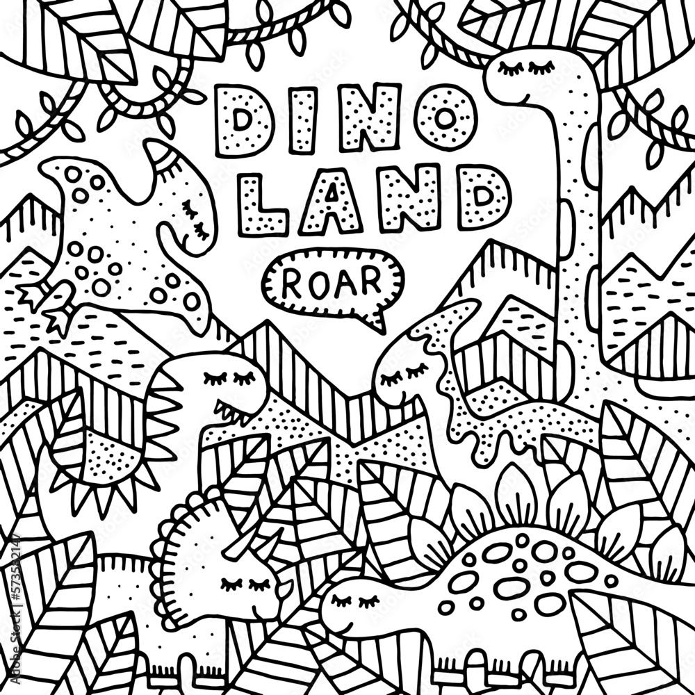 Coloring page with dinosaurs for kids. Black and white outline illustration. Catoon vector art