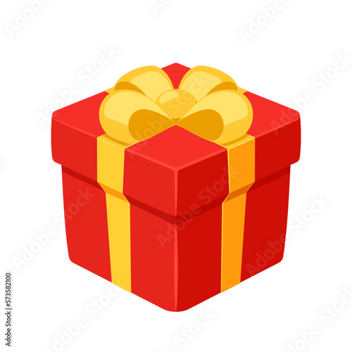 Red mystery gift box with a yellow ribbon on white background. Random secret loot box isometric concept. Vector illustration cartoon flat design.