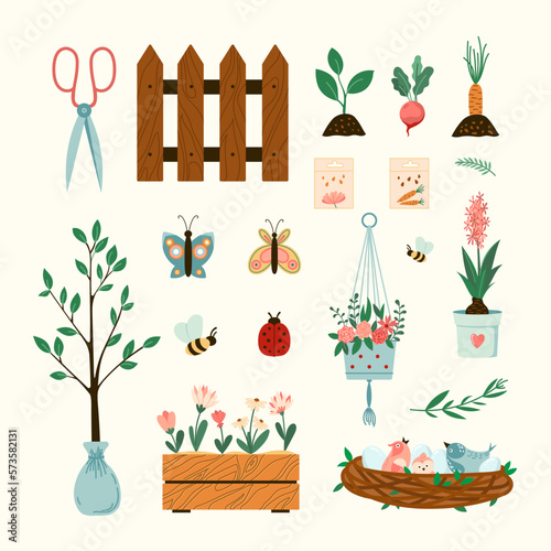 Spring home gardening illustrations set. Vector plants, flowers and birds nest seasonal flat style collection Isolated