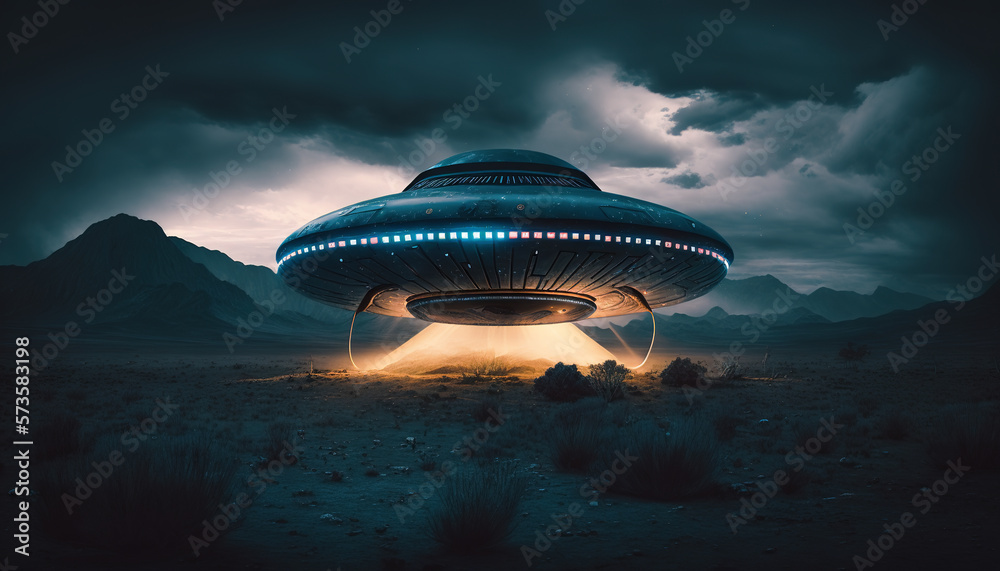 An otherworldly UFO flying saucer illuminates the nighttime desert with ...