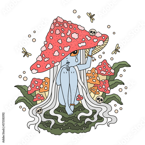 Sad crying little amanita mushroom girl. Cute mushroom peron with bg red hat. Fungus kid sitting in forest. Fairytale cartoon vector illustration. Isolated on white. Funny poster for children