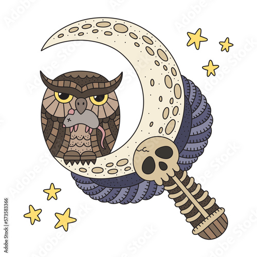 Magical witch wand. Mystery crescent moon decoration. Skeleton, wings, feathers. Dark magic atribute. Wizard owl bird. Cute fantasy poster. Cartoon vector illustration. Isolated on white photo