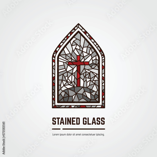 Monochrome stained glass window. Logo, emblem or icon with text. Cross on the hill. Thick line style flat style linear vector. Architecture, religious or gallery. Gray, white and red glass window.