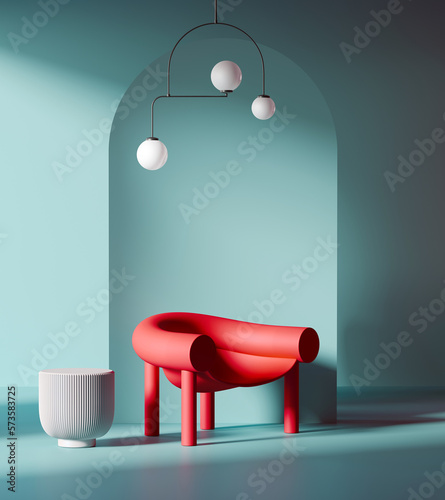 3d render of an 80s vibrant interior in Memphis style with arched wall, blue and red colours