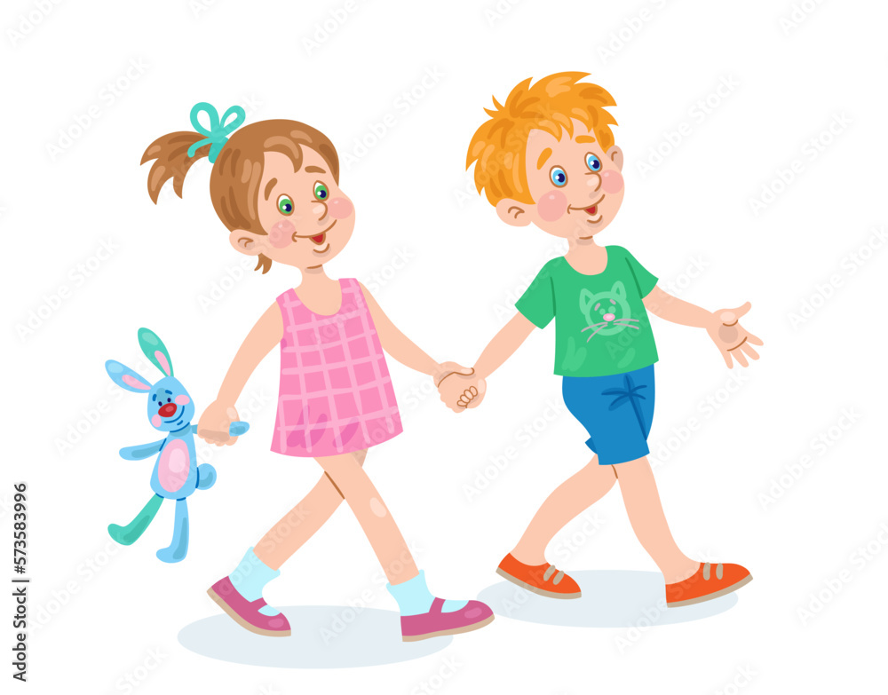 Little boy and happy girl are walking hand in hand. In cartoon style. Isolated on white background. Vector illustration.