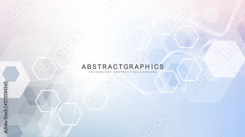 Modern scientific background with hexagons, lines and dots. Wave flow abstract background. Molecular structure for medical, technology, chemistry, science. Vector illustration
