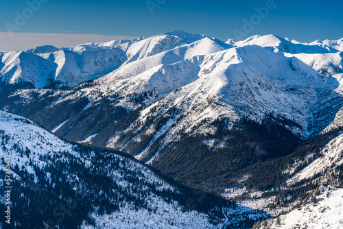Poland 2022. Beautiful view on the snow Tatry. Zakopane, Giewont, Kasprowy Wierch, Swinica, Rysy, Kresanica. © AlehAlisevich
