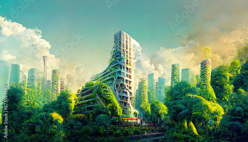 A picture of a high rise skyscraper covered in plants and future environmental city design on a beautiful day. Generative Ai