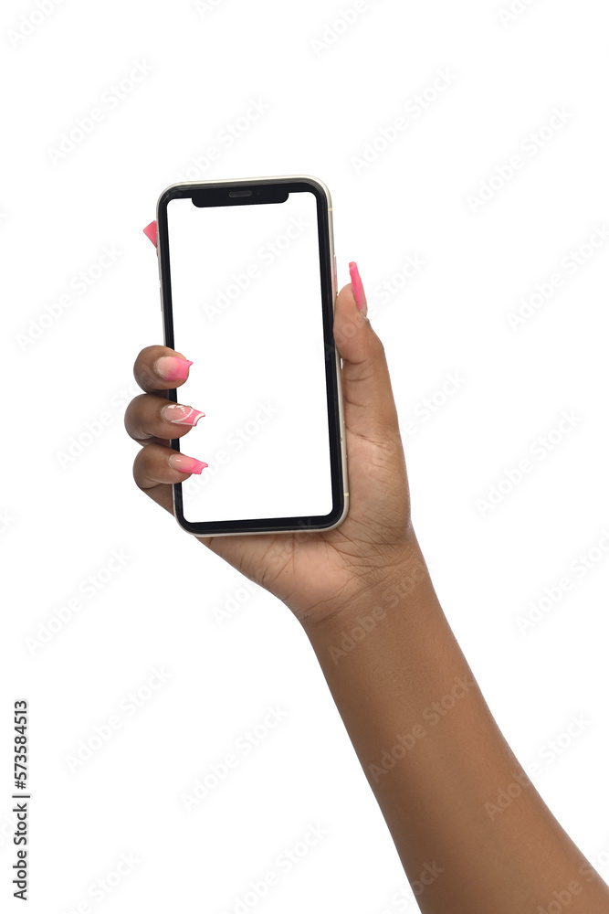 Female hand showing and holding a blank touchscreen of smartphone Female hand showing and holding a blank touchscreen of smartphone