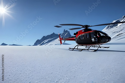 Helicopter Landing On Snow Mountain In Glacier. The Helicopter Service And Emergency Rescue. Generative AI