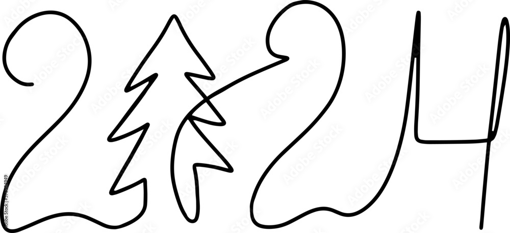 2024 Happy New Year numbers with Christmas pine tree in outline style 2024 Happy New Year numbers with Christmas pine tree in outline style