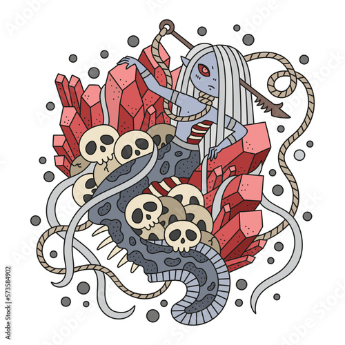 Undead mermaid boy with harpoon in the head sitting on the red crystals. Cute little zombie merman with fish tail. Creepy dark faantasy marine poster. Cartoon vector illustration. Isolated on white 