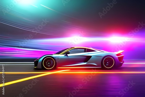 Lights Of Cars With Night. Speeding Sports Car On Neon Highway. Powerful Acceleration Of A Supercar On A Night Track With Colorful Lights And Trails. Generative AI © Pixel Matrix