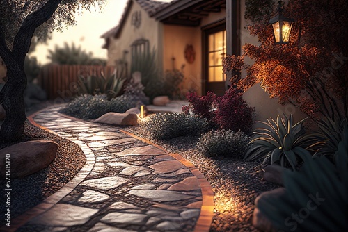 Beautiful Home Side Yard, Garden and Pathway 1. Generative AI photo