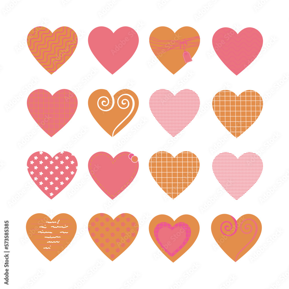 Set of fifteen beautiful pink hearts, isolated on white for your graphic design. Hand drawn. Vector illustration. Set of fifteen beautiful pink hearts, isolated on white for your graphic design. Hand drawn. Vector illustration.