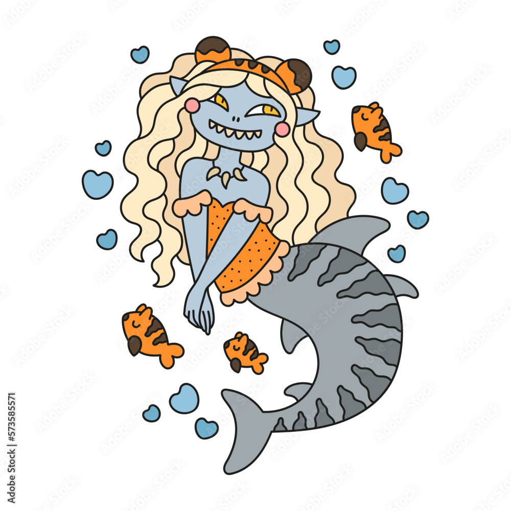 Adorable little striped shark mermaid. Cute tiger fish. Beautiful