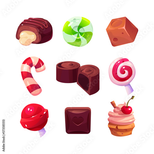 Sweets icons vector set. Chocolate candy, lollipop, striped round caramel, toffee, cupcake with cream and cherry ui elements. Illustration in Cartoon Style.