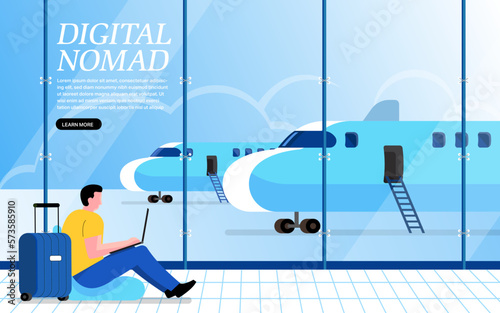 Digital nomad. Vector illustration.Freelance work, Cartoon vector illustration in flat design. Travel and work, remote job, freelancers lifestyle, working abroad with laptop.