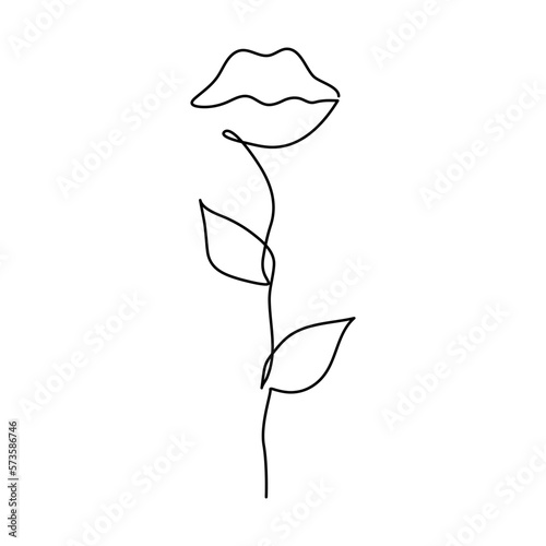 women's lips of different shapes. One line drawing of abstract female lips, flower. Modern one-line art