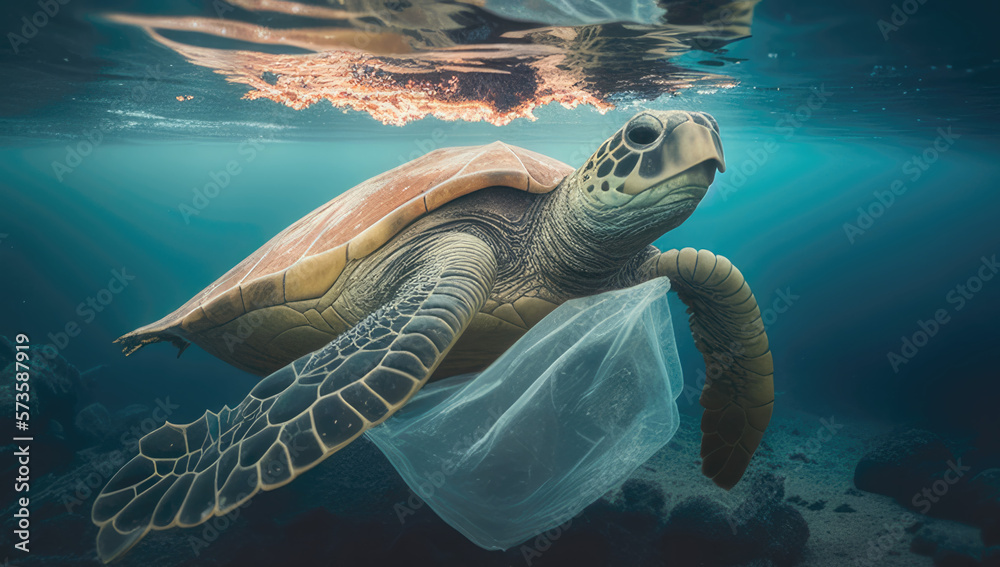Obraz premium Large sea turtle caretta caretta stuck in a plastic bag floating, trash in the water in the ocean and on the bottom, eco problems. generative AI