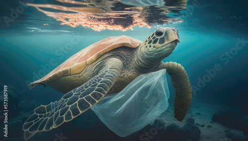 Large sea turtle caretta caretta stuck in a plastic bag floating, trash in the water in the ocean and on the bottom, eco problems. generative AI