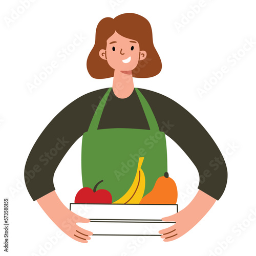 Greengrocer selling fruits, mango, banana and apple doodle icons, vector illustration of woman holding crate with fruit and vegetable, farmer market and supermarket seller, organic farm food