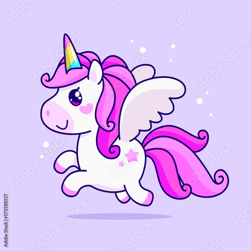 Baby Unicorn with wings. Cartoon Unicorn with piurple hair and  rainbow horn. Baby Pony for kids print design on tee shirt or pajamas