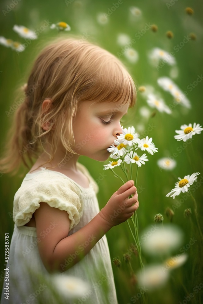 4 years child smelling daisies on the green field, ai generated
