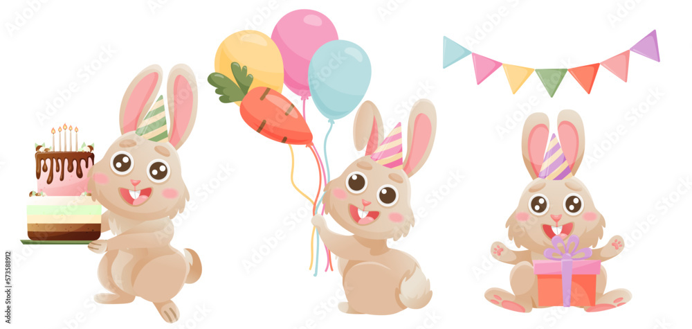 Cute cartoon bunny characters. Happy birthday greeting cards. Birthday cake, presents, rabbit, balloons and flowers. Cute cartoon bunny characters. Happy birthday greeting cards. Birthday cake, presents, rabbit, balloons and flowers.