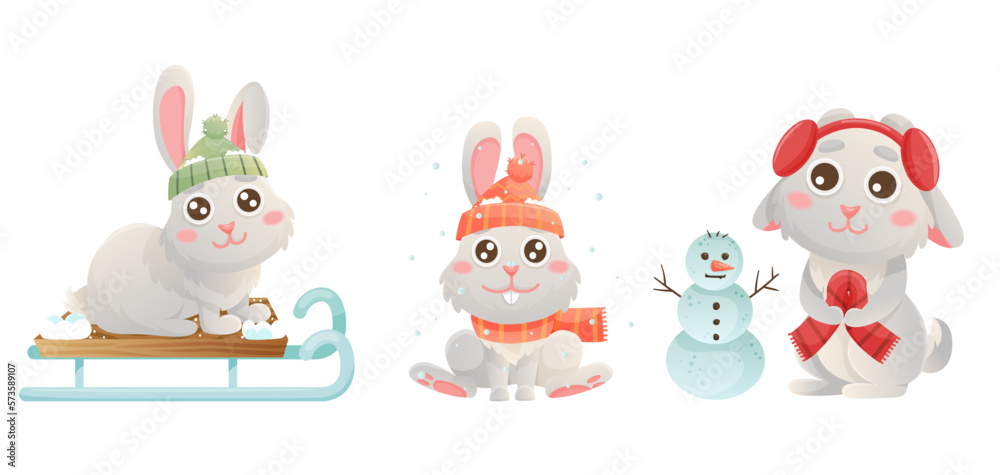 Winter bunny characters. Cute cartoon rabbits playing in winter forest. Sledge, snowman, hat, scarf.