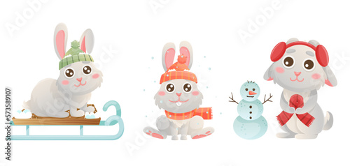 Winter bunny characters. Cute cartoon rabbits playing in winter forest. Sledge  snowman  hat  scarf.