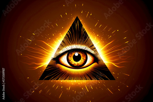 illuminous all-seeing eye in triangular form as symbol of mystical vision, generative ai photo