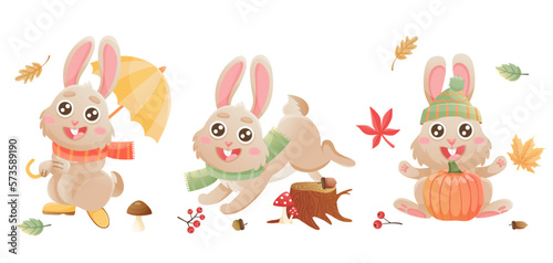 Fototapeta Naklejka Na Ścianę i Meble -  Autumn bunny characters. Cute cartoon rabbits walking in autumn forest. Umbrella, autumn leaves, pumpkin, acorns.