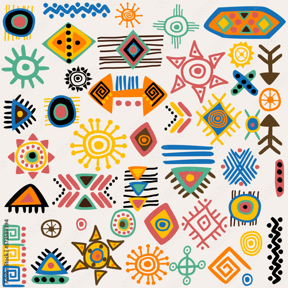 Hand-drawn african tribal geometric symbols - obrazy, fototapety, plakaty 