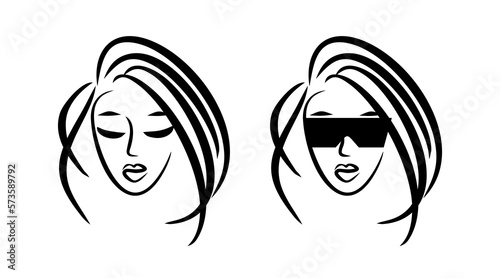 Sunglasses. Beauty salon logo. Lady face icon. Hairstyle sketch. Barber woman emblem. 