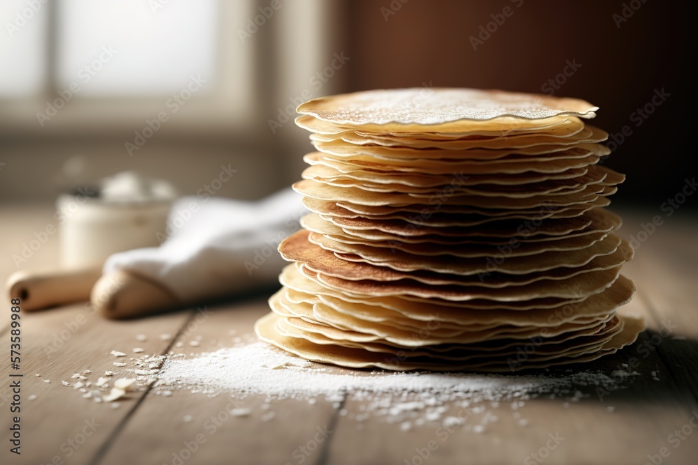 Home cooking pancake stack for Shrovetide holiday, family day, pancakes with syrup and honey on soda, sunshine, homemade. Generative AI Home cooking pancake stack for Shrovetide holiday, family day, pancakes with syrup and honey on soda, sunshine, homemade. Generative AI