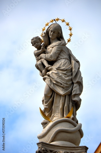 statue of Virgin Mary with baby Jesus on plague column in Bratislava