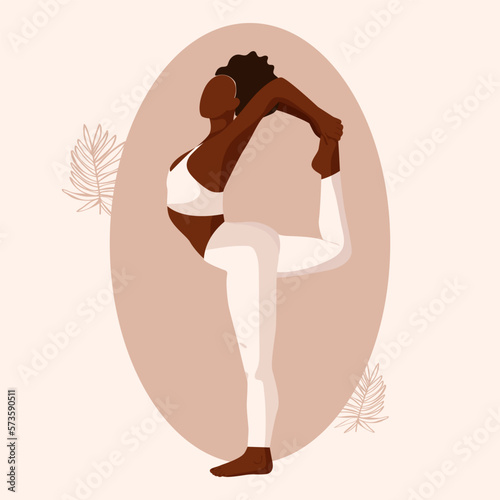 beautiful girl is doing yoga. Dance King Pose. Natarajasana. Beige colors. post, print. Modern flat vector illustration.