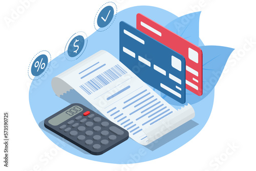 Payment Machine or POS Terminal with receipt records, design template of bill ATM, paper financial check for mockup. Isometric online payment, banking and online shopping