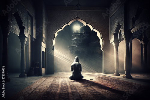 Fototapeta a muslim man praying in mosque, ramdan, islamic background, Generative AI