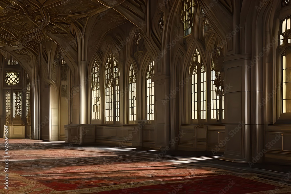 A Realistic Fantasy Interior Of The Royal Palace. Golden Palace. Castle Interior. Fiction Backdrop. Concept Art. Generative AI