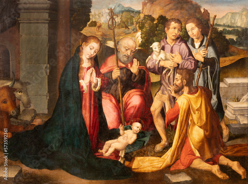 VALENCIA, SPAIN - FEBRUAR 14, 2022: The painting of Adoration of Shepherds in the Cathedral by Filipo Paolo de San Leocadio from 16. cent.