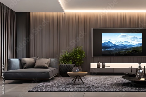Big Tv Wall Screen In Modern Living Room. Television Set In Luxury Interior. . Generative AI